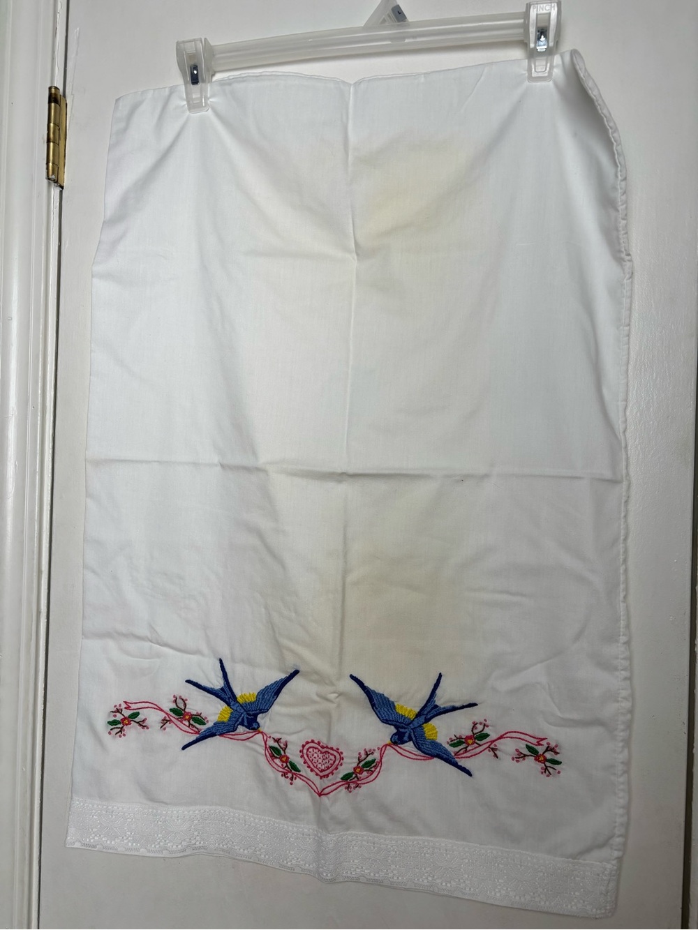 White Embroidered Towel with Blue Swallow Motif